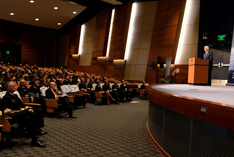 Secretary of the Navy Ray Mabus delivers opening remarks during the Chief of Naval Operations’ 21st International Seapower Symposium (ISS) at U.S. Naval War College in Newport, Rhode Island. 