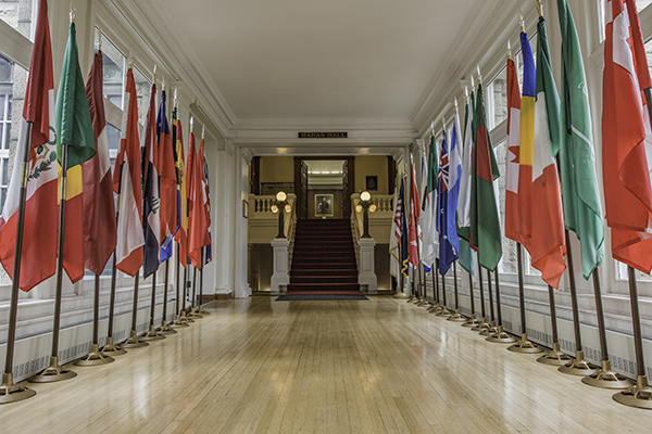 Hallway of flags at the U.S. Naval War College