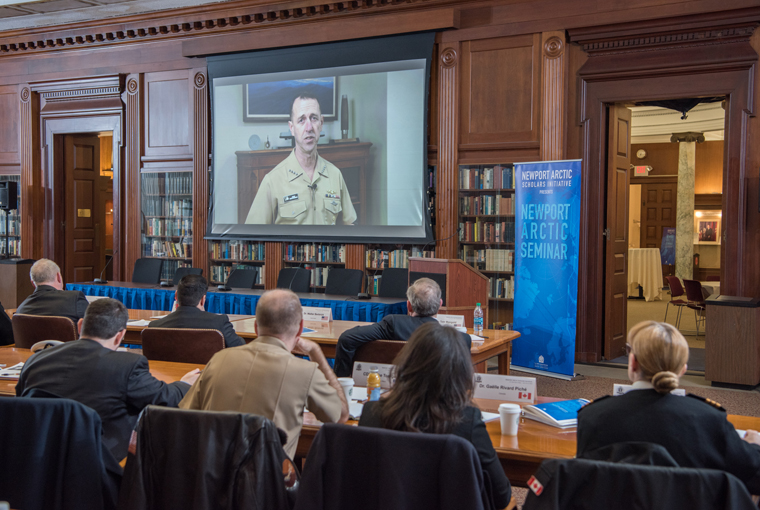 Photo of Chief of Naval Operations Adm. John Richardson providing remarks during the Newport Arctic Scholars Initiative held at U.S. Naval War College