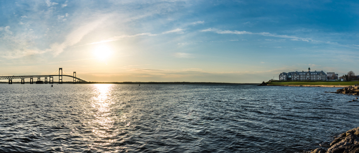 Shot of Naval War College with Newport Pell Bridge during a sunset