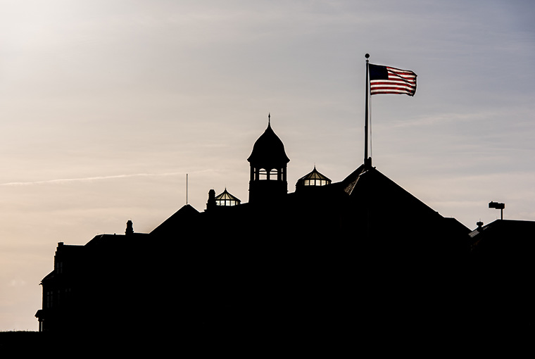 U.S. Naval War College with sun setting in background