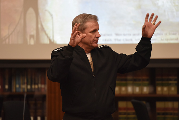 Vice Adm. Richard A. Brown, commander, Naval Surface Forces/Naval Surface Force U.S. Pacific Fleet, delivers the plenary remarks during “Bridging the Straits: A Research Agenda for a New Era of Maritime Competition” held at U.S. Naval War College.