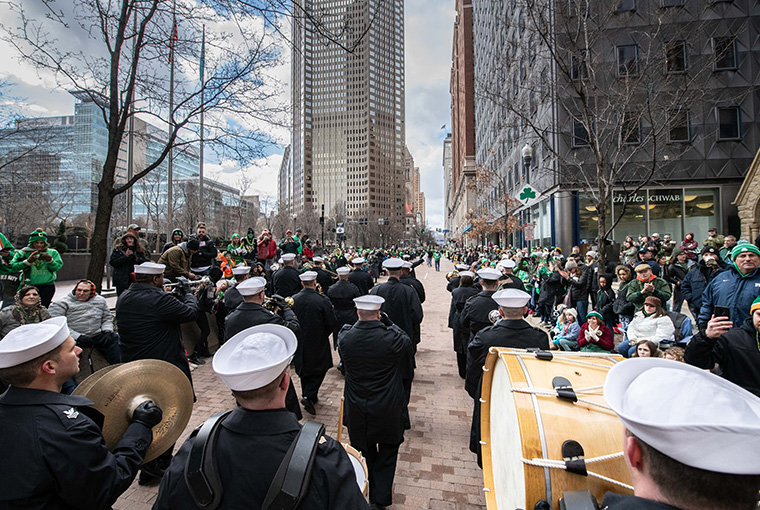 Navy Band Northeast musicians marching with more than 200 other performing units on March 16 in this city’s annual St. Patrick’s Day Parade.