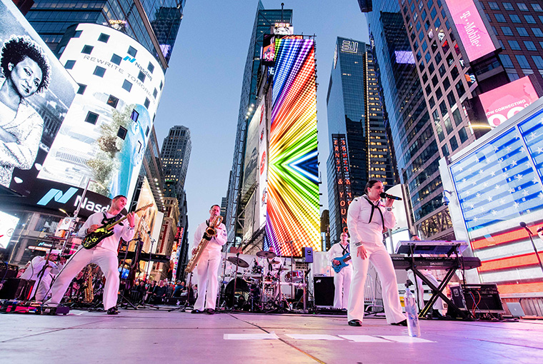 Navy Band Northeast's Rock Band, Rhode Island Sound, performs in Times Square in support of Fleet Week New York 2019.