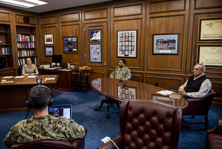 Rear Adm. Shoshana S. Chatfield, president of the U.S. Naval War College (NWC), Command Master Chief Keith Webb, Provost Lewis Duncan and Cmdr. Gary Ross, public affairs officer NWC, hold a Facebook livestream all-hands call to answer questions about how the COVID-19 virus is affecting NWC, March 20.
