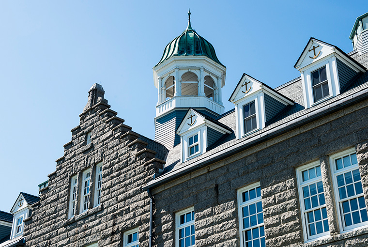 Side view of the historic U.S. Naval War College building.