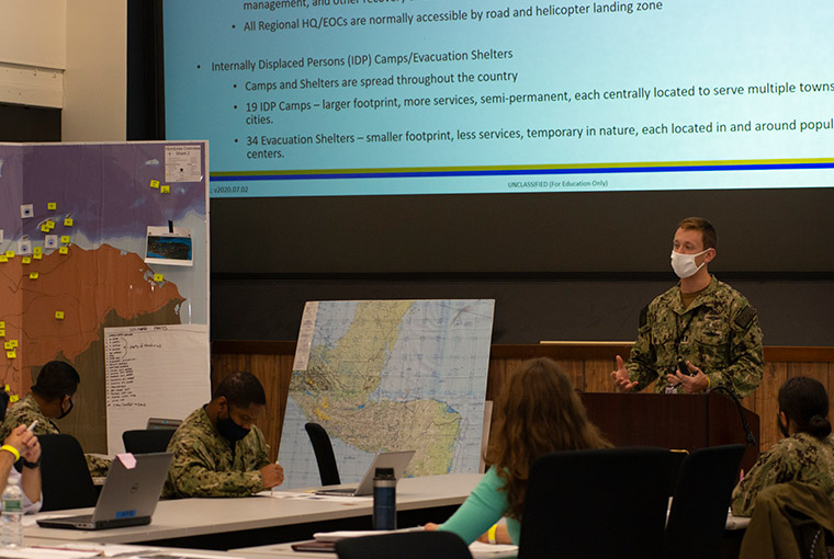 Students wearing masks during a class at U.S. Naval War College.