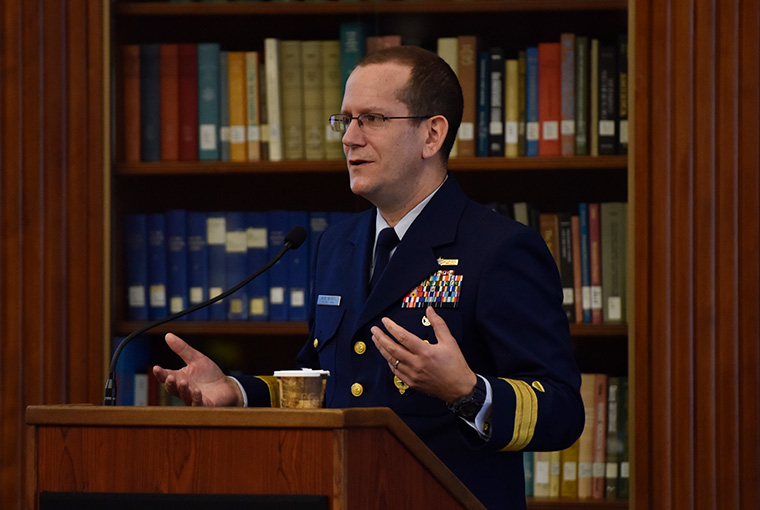 Coast Guard Rear Adm. John Mauger, U.S. Cyber Command director of exercises and training, delivers the Friday keynote address at the 2019 Professional Military Education and Cyber Domain Workshop.