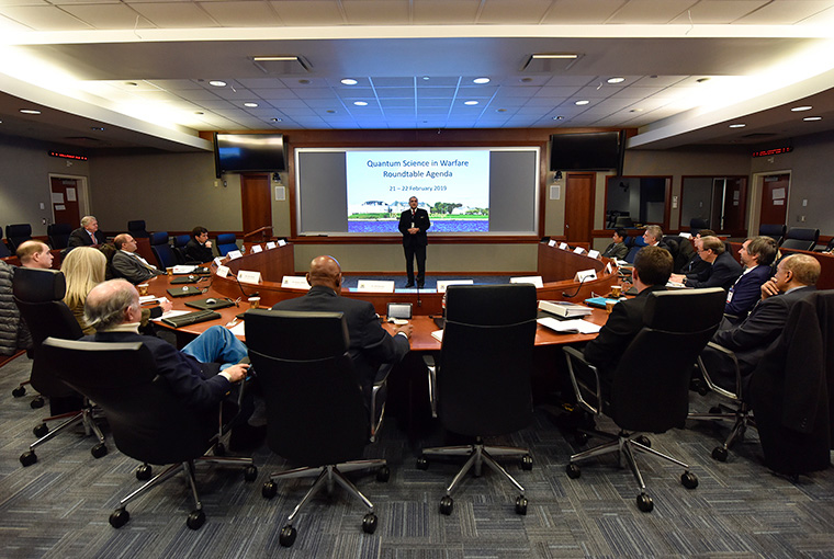 Duncan Lewis, provost, U.S. Naval War College, speaks during the first Quantum Science in Warfare roundtable. 