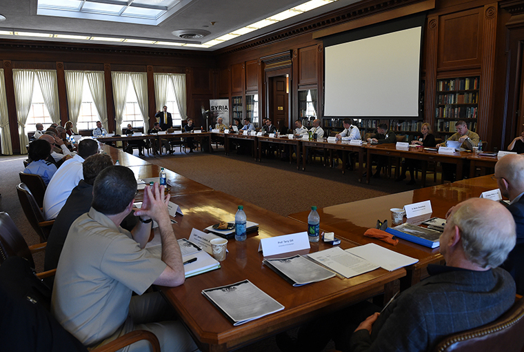 Thomas Culora, professor and dean of Center for Naval Warfare Studies at U.S. Naval War College (NWC), provides welcoming remarks to participants of the “Syria: Can International Law Cope?” workshop at NWC, in Newport Rhode Island. 