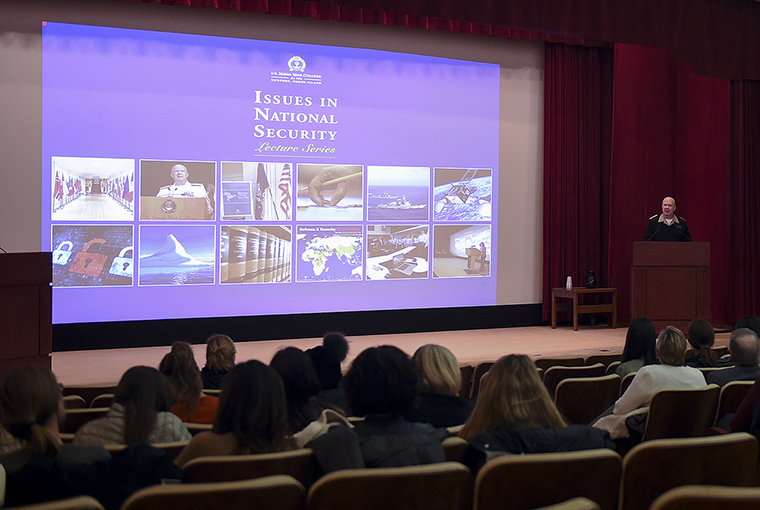 Rear Adm. Jeffrey A. Harley, president, U.S. Naval War College (NWC) in Newport, Rhode Island provides opening remarks to more than 100 spouses and significant others of NWC staff, faculty, and students at the first of 11 scheduled lectures, in a series titled “Issues in National Security” held at NWC. 