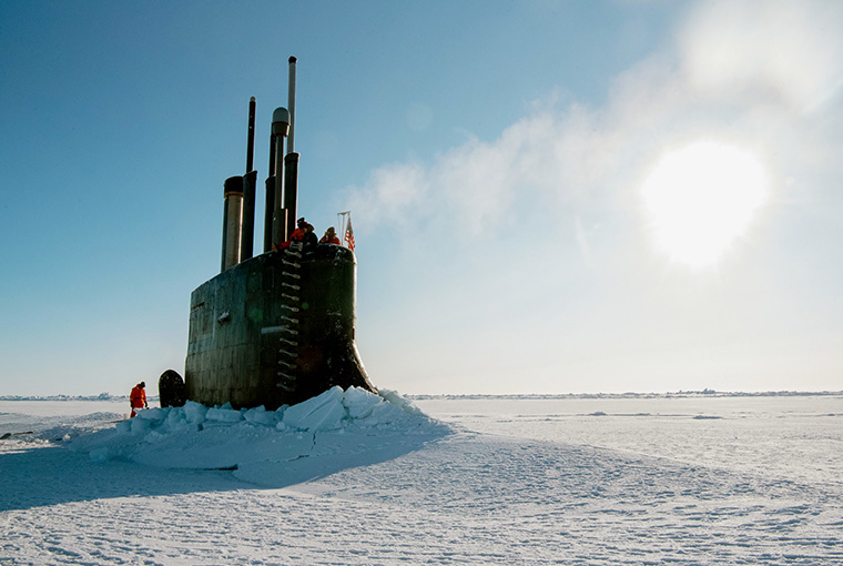 The Seawolf-class fast-attack submarine USS Connecticut (SSN 22) surfaces through the ice as it participates in Ice Exercise 2018.