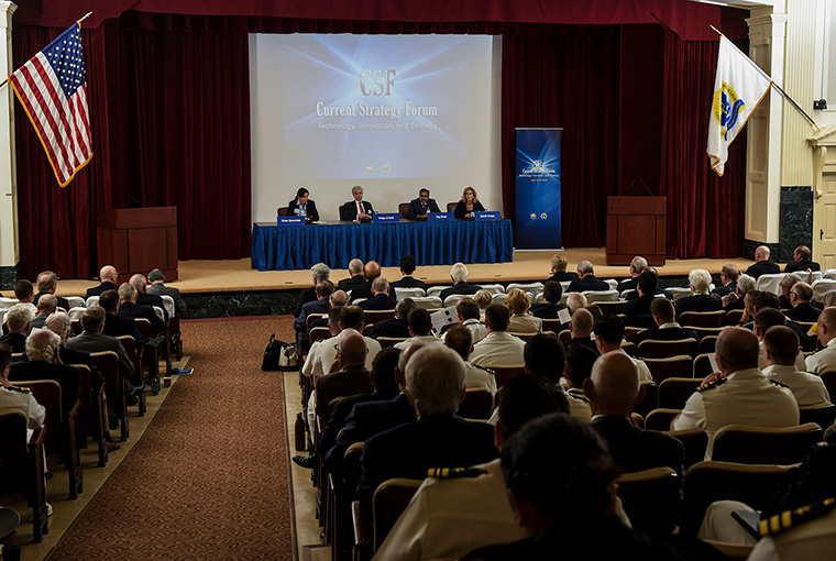 Chris Demchak from U.S. Naval War College (NWC), Philip O’Neill from Boston University Law School, Raj Shah the former managing director of Defense Innovation Unit Experimental, and Sarah Kreps of Cornell University participate in a panel discussion during the 69th annual Current Strategy Forum held at NWC.