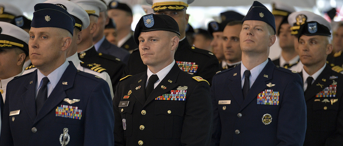 Students of U.S. Naval War College’s (NWC) 2018 graduating class participate in a commencement ceremony at NWC.