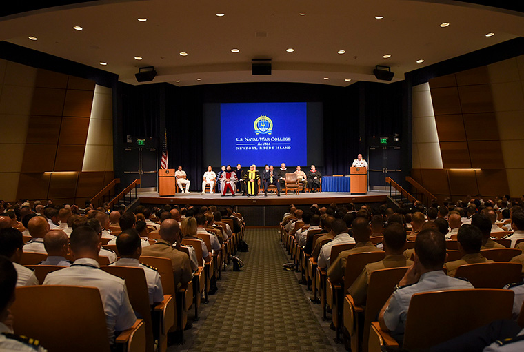 Rear Adm. Jeffrey A. Harley, president, U.S. Naval War College, addresses students, staff, faculty and guests during a convocation ceremony kicking off the 2018-2019 academic year. 