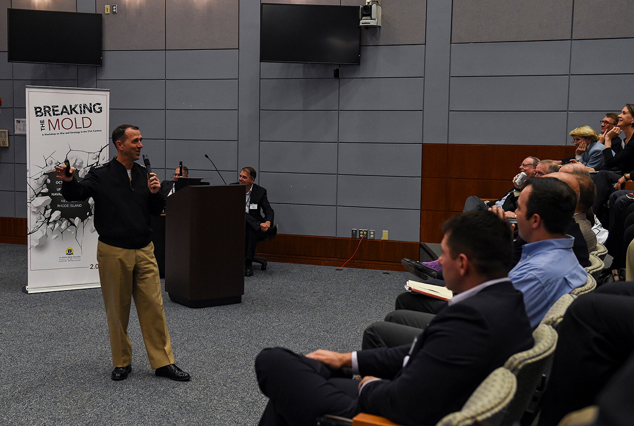 Adm. John Richardson, Chief of Naval Operations, speaks to attendees of "Breaking the Mold; A Workshop on War and Strategy in the 21st Century" held at U.S. Naval War College.