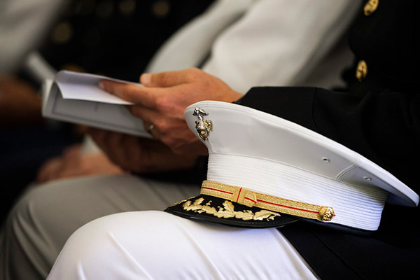 Students of U.S. Naval War College’s 2019 graduating class participate in a commencement ceremony on Dewey Field in Newport, R.I., June 14.