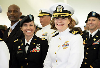 Students of U.S. Naval War College’s (NWC) 2019 graduating class participate in a commencement ceremony on Dewey Field in Newport, R.I., June 14.