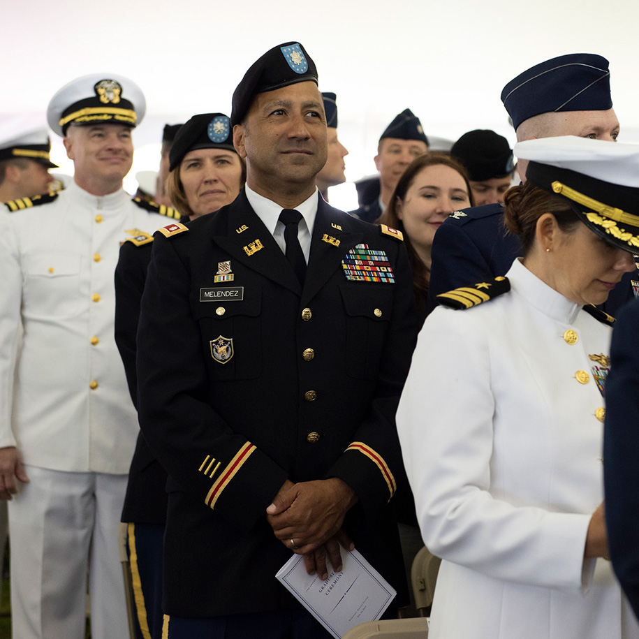 Students of U.S. Naval War College’s 2019 graduating class participate in a commencement ceremony on Dewey Field in Newport, R.I., June 14.