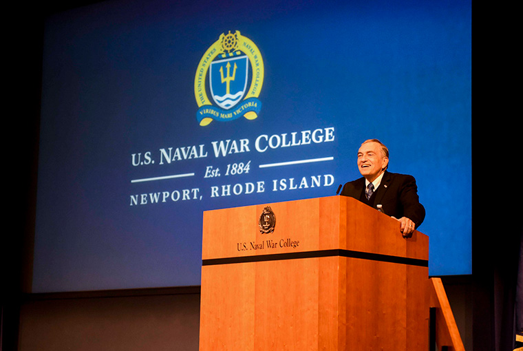 Lewis Duncan, acting president of U.S. Naval War College, gives the opening remarks for the Faculty Cloister 2019 at the college, July 29, 2019.
