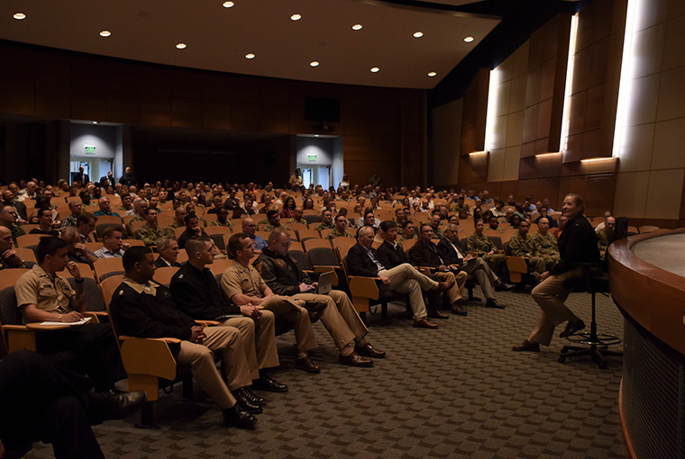 Rear Adm. Shoshana S. Chatfield, president, U.S. Naval War College (NWC), holds her first all-hands call with the college’s faculty and staff, Aug. 13. Rear Adm. Chatfield is NWC’s 57th president and presides over a graduate institution that awards Master of Arts degrees to military officers and civilian national security employees.