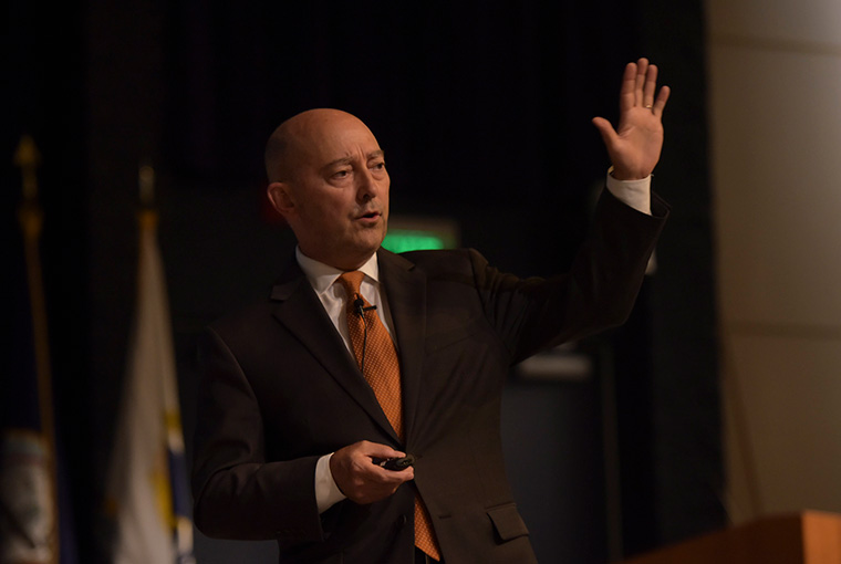 Retired Adm. James Stavridis, guest speaker, gives a speech at the U.S. Naval War College during the second annual Stansfield Turner Lecture Series event August 16. The speech titled “21 Century Security: Risk and Opportunity”, included topics on violent extremism and strategic thinking.