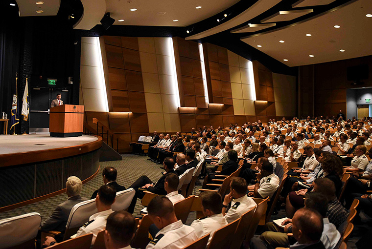 Secretary of Defense Mark T. Esper delivers a speech to students and faculty of the U.S. Naval War College on Aug. 27. 