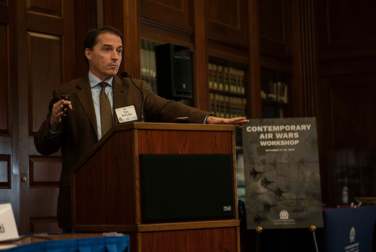 Tim Schultz, associate dean of academics, U.S. Naval War College (NWC), delivers a speech during the Contemporary Air Wars Workshop at NWC, Oct. 17.