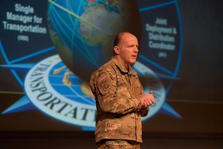 Gen. Steve Lyons, commander, U.S. Transportation Command, addresses U.S. Naval War College students, faculty and staff, Oct. 22.