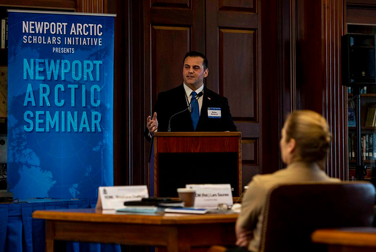 Walter Berbrick, associate professor at the U.S. Naval War College (NWC) and co-lead scholar of the Newport Arctic Scholars Initiative, gives the keynote address at the Newport Arctic Seminar at NWC, Jan. 22.