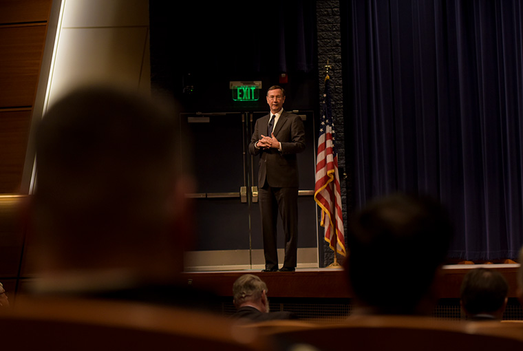 The Navy’s Chief Learning Officer John Kroger spoke to U.S. Naval War College faculty and staff in the college’s Spruance Auditorium, Feb. 27. 
