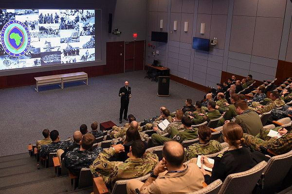 Vice Adm. Michael T. Franken, deputy to the commander for military operations, U.S. Africa Command, addresses students, staff and faculty from U.S. Naval War College’s Maritime Advanced Warfighting School in Newport, Rhode Island.