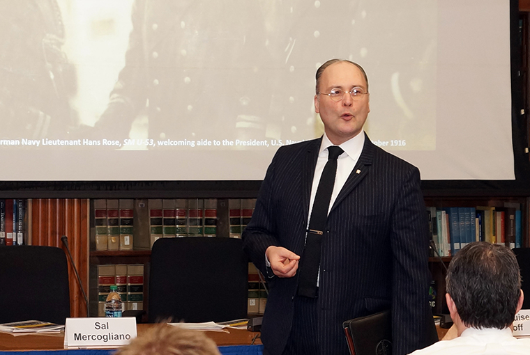 David Kohnen, director of the U.S. Naval War College’s John B. Hattendorf Center for Maritime Historical Research, speaks to naval scholars during the conference entitled The Victory at Sea: Naval Lessons of the Great War and the U.S. Navy of the 21st Century, held March 14-15, 2019, in Newport, R.I.
