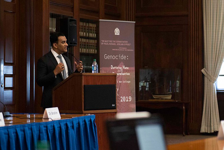 Azeem Ibrahim, professor at the U.S. Army War College, delivers a keynote address