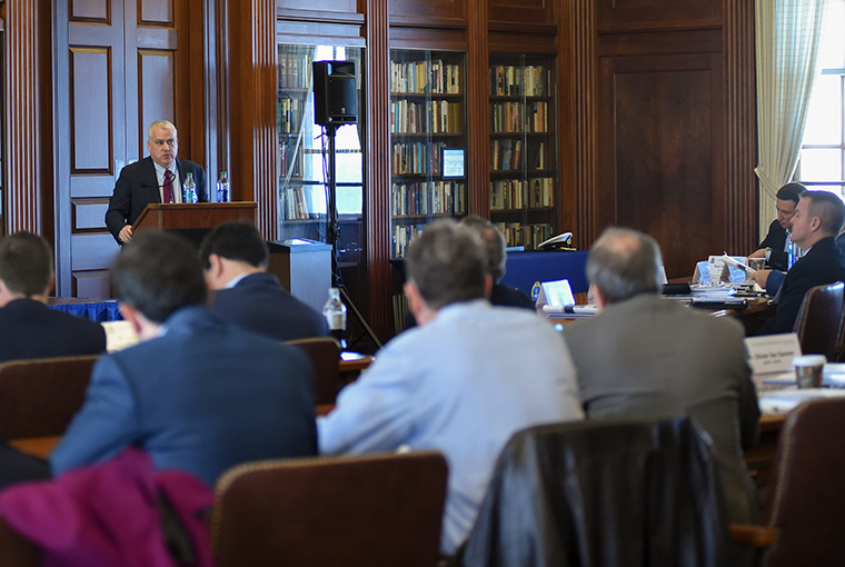 Michael Marx, senior civil-military coordination advisor, United Nations Office for the Coordination of Humanitarian Affairs, provides remarks during the Civilian-Military Humanitarian Response Workshop held at U.S. Naval War College in Newport, Rhode Island. 