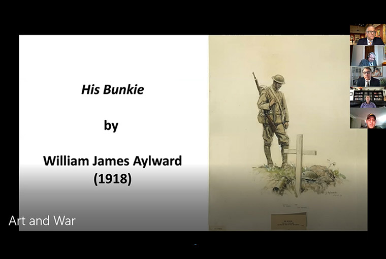In a May 7 online seminar, Army Capt. Jesse Edwards discusses "His Bunkie," a drawing by World War I artist William James Aylward.