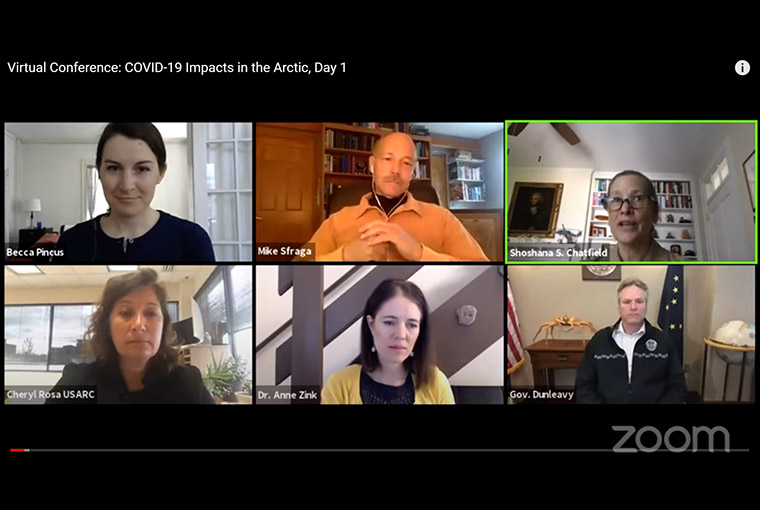 Panelists participate in the COVID-19 Impacts in the Arctic conference, co-hosted by the U.S. Naval War College, during the first day of the virtual event.
