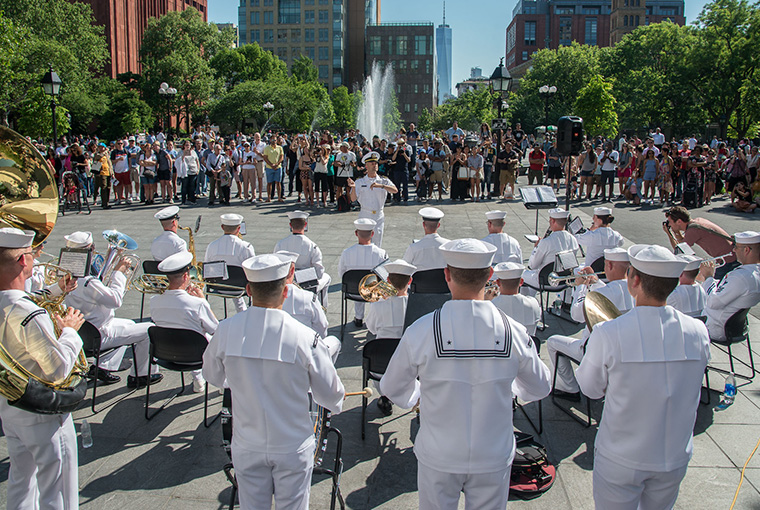 Navy Band Northeast's Ceremonial Band performs at Washington Square Park in lower Manhattan during Fleet Week New York, 2018.