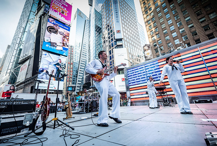 Navy Band Northeast's Rock Band, Rhode Island Sound, performs in Times Square during Fleet Week New York, 2018.
