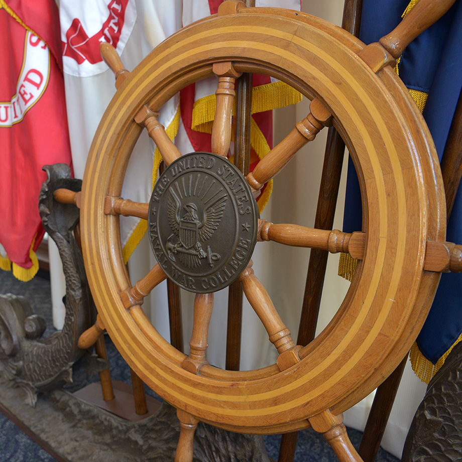 Ships steering wheel at the U.S. Naval War College.