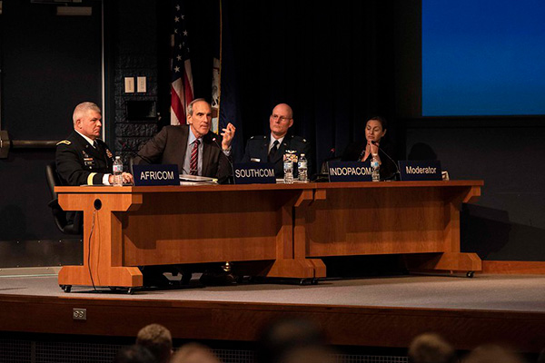 U.S. Naval War College students in the National Security Affairs Department participate in the Theater Security Decision Making (TSDM) Final Exercise in Spruance auditorium Nov. 6.