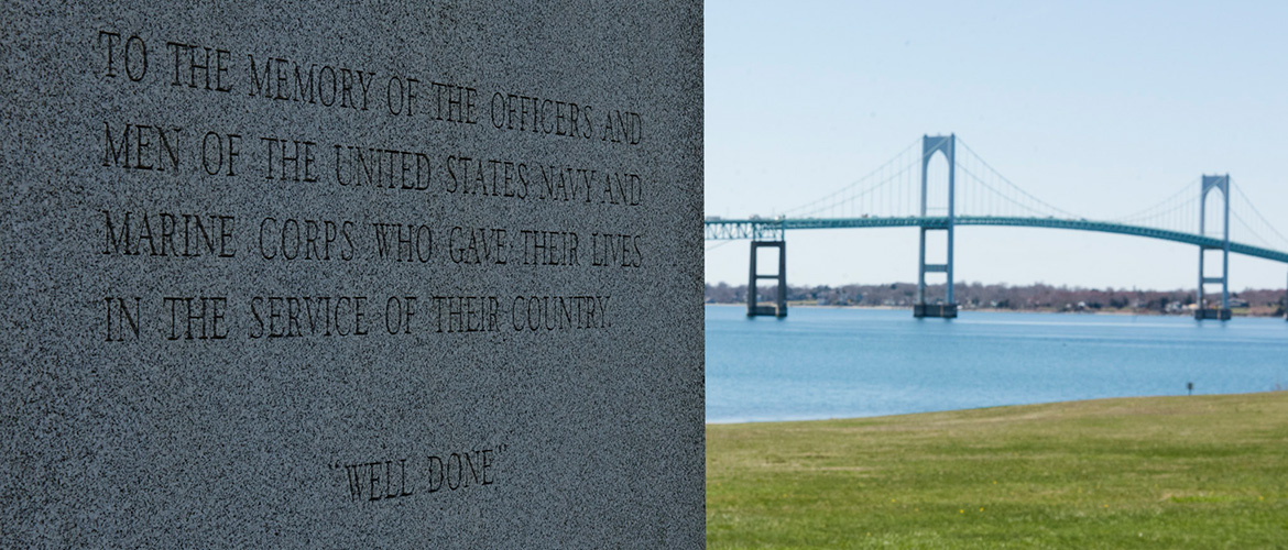 A memory stone with the Newport Pell Bridge in the background.
