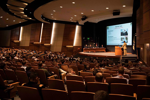 U.S. Naval War College students in the National Security Affairs Department participate in the Theater Security Decision Making (TSDM) Final Exercise in Spruance auditorium Nov. 6.