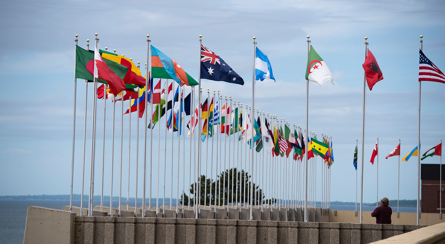 Outside plaza with International flags at the U.S. Naval War College.