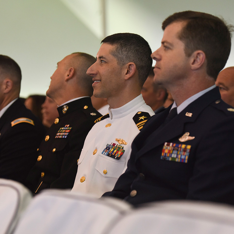 Students of U.S. Naval War College’s (NWC) 2017 graduating class participate in a commencement ceremony at NWC in Newport, Rhode Island.