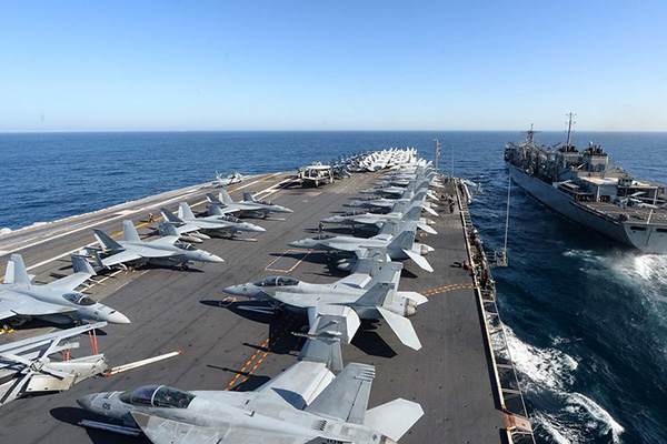 USS Harry S. Truman (CVN 75) pulls alongside USNS Supply (T-AOE 6) to conduct a replenishment-at-sea in the Mediterranean Sea, Dec. 6, 2019.